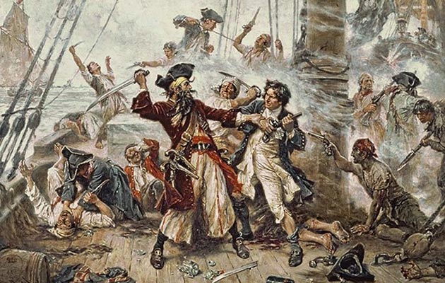 capture of the pirate, blackbeard, 1718, jean leon gerome ferris, painted in 1920